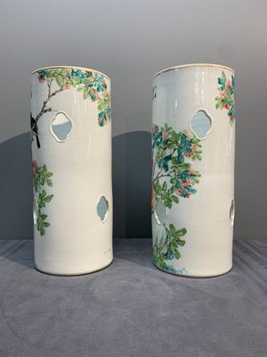 A pair of Chinese famille rose hat stands with birds among flowering branches, signed Zhu Shaoquan 朱少泉, dated 1892 — photo 2