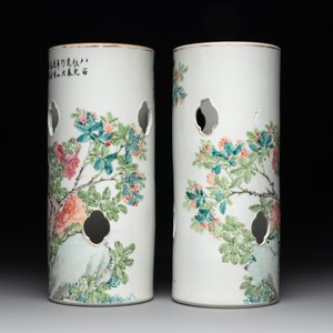 A pair of Chinese famille rose hat stands with birds among flowering branches, signed Zhu Shaoquan 朱少泉, dated 1892 — photo 2