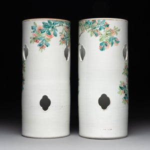 A pair of Chinese famille rose hat stands with birds among flowering branches, signed Zhu Shaoquan 朱少泉, dated 1892 — photo 3
