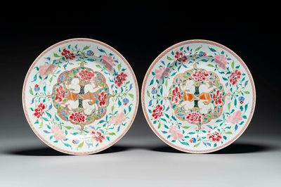 A pair of Chinese famille rose 'Hehe Erxian' dishes, Yongzheng/Qianlong