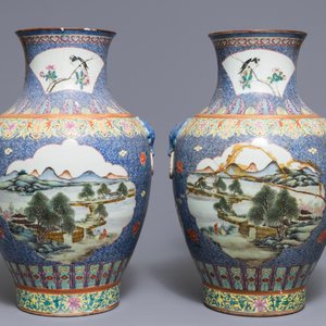 A pair of Chinese famille rose hu vases with landscape panels, Qianlong mark, Republic, 20th C. — photo 3