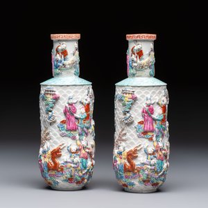A pair of Chinese famille rose 'Immortals' vases with relief design, Qianlong mark, Republic — photo 3