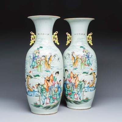 A pair of Chinese famille rose 'Immortals' vases, signed Zhang Heshun 章和順, Republic