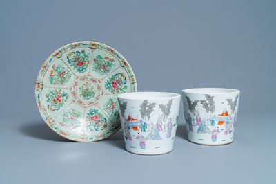 A pair of Chinese famille rose jardinières and a Canton famille rose celadon dish, 19th C.