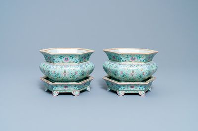 A pair of Chinese famille rose jardinières on stands, Qianlong mark, Jiaqing