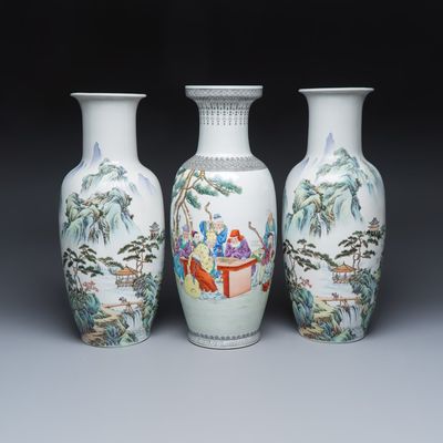 A pair of Chinese famille rose 'Landscape' vases and an 'Immortals' vase, Qianlong and Guang Hua Yi Pin 光華藝品 marks, 20th C.