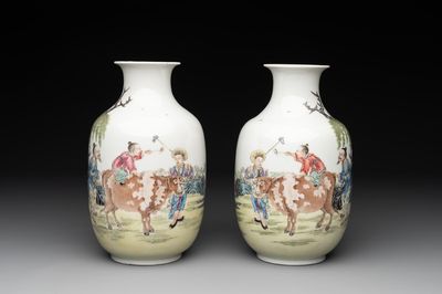A pair of Chinese famille rose lantern-shaped vases with figures and cows, Qianlong mark, Republic