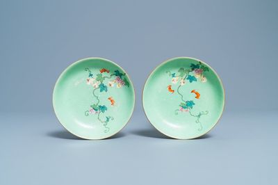 A pair of Chinese famille rose lime green-ground sgraffiato saucer dishes, Qianlong mark and of the period