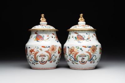 A pair of Chinese famille rose 'Madame de Pompadour' pot-pourri jars with bronze-mounted covers, Qianlong, ca. 1745