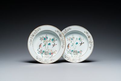A pair of Chinese famille rose 'magpie and peonies' dishes, Yongzheng/Qianlong