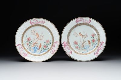 A pair of Chinese famille rose 'magpie and peony' plates with bianco-sopra-bianco rims, Yongzheng