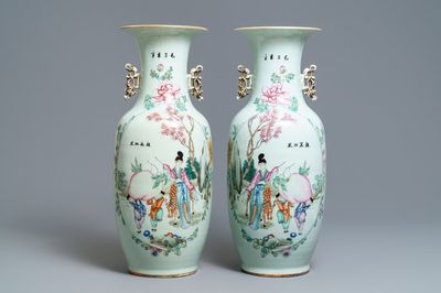A pair of Chinese famille rose 'Magu' vases, 19/20th C.