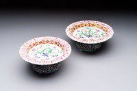 A pair of Chinese famille rose 'mandarin ducks in a lotus pond' Bencharong  tazzas for the Thai market, 19th C.