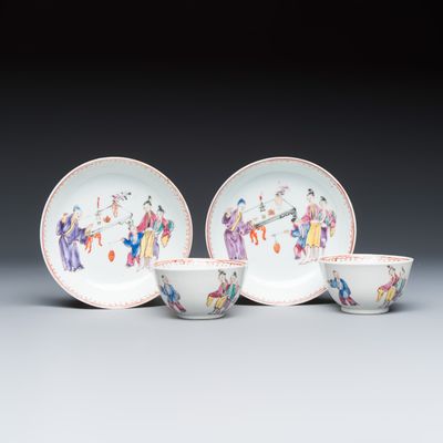 A pair of Chinese famille rose Mandarin subject tea bowls and saucers, Qianlong
