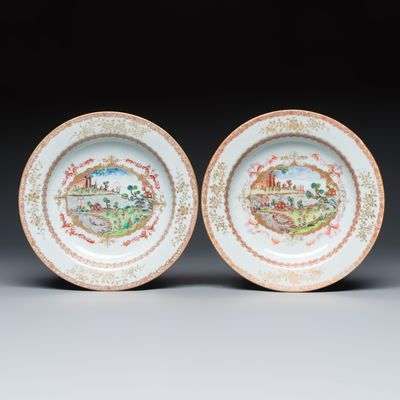 A pair of Chinese famille rose Meissen-style plates with a harbour scene, Qianlong