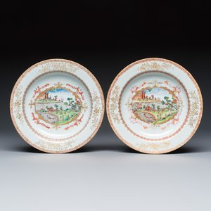 A pair of Chinese famille rose Meissen-style plates with a harbour scene — photo 1