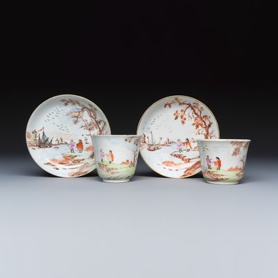 A pair of Chinese famille rose Meissen-style tea bowls and saucers with a harbour scene, Qianlong