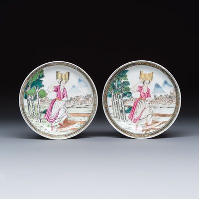 A pair of Chinese famille rose 'Milkmaid' saucers, Qianlong, ca. 1740