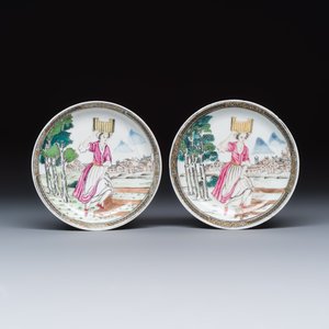 A pair of Chinese famille rose 'Milkmaid' saucers — photo 1