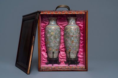 A pair of Chinese famille rose 'millefleurs' eggshell vases, Qianlong mark, Republic, 20th C.