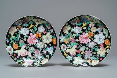 A pair of Chinese famille rose millefleurs plates, Jiaqing mark and of the period