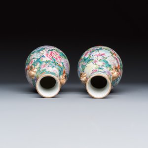 A pair of Chinese famille rose 'Millefleurs' vases with lion-head handles — photo 6