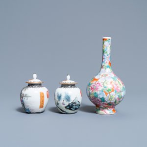 A pair of Chinese famille rose miniature vases and covers and a millefleur vase, Qianlong marks, Republic — photo 3