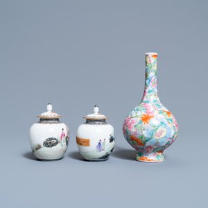 A pair of Chinese famille rose miniature vases and covers and a millefleur vase, Qianlong marks, Republic — photo 5
