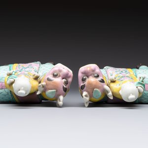 A pair of Chinese famille rose models of a boy riding a qilin and a bitong, 19/20th C. — photo 6