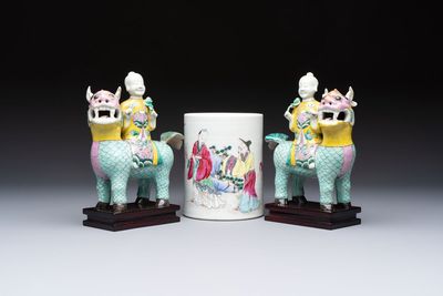 A pair of Chinese famille rose models of a boy riding a qilin and a bitong, 19/20th C.
