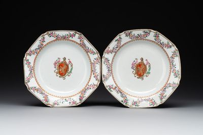 A pair of Chinese famille rose octagonal armorial plates, Qianlong