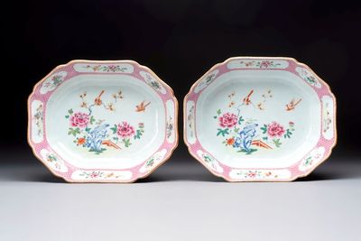 A pair of Chinese famille rose octagonal bowls with birds on flowering branches, Qianlong