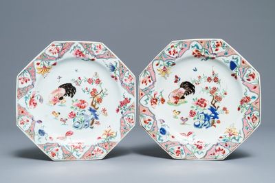 A pair of Chinese famille rose octagonal 'rooster' plates, Qianlong