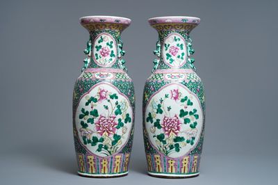A pair of Chinese famille rose 'peony' vases, 19th C.