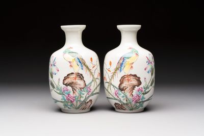 A pair of Chinese famille rose 'Pheasants' vases, Qianlong mark, Republic