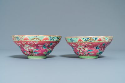 A pair of Chinese famille rose pink-ground bowls for the Straits or Peranakan market, 19th C.