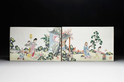 A pair of Chinese famille rose plaques with garden scenes, 19/20th C.