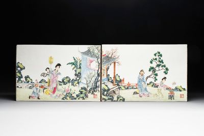 A pair of Chinese famille rose plaques with garden scenes, Ju Ren Tang 居仁堂 mark, 19/20th C.
