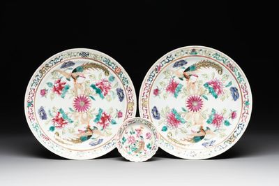 A pair of Chinese famille rose plates and a saucer for the Straits or Peranakan market, 19th C.