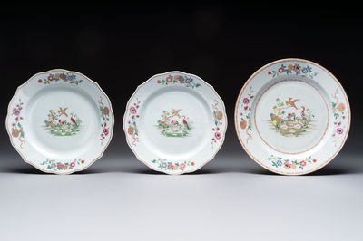 A pair of Chinese famille rose plates and one dish with birds and floral design, Qianlong