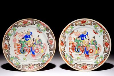 A pair of Chinese famille rose plates with a lady in a chariot, Yongzheng
