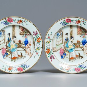 A pair of Chinese famille rose plates with a suckling lady, Yongzheng — photo 1