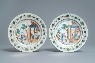 A pair of Chinese famille rose plates with fine 'Mandarin' design, Qianlong