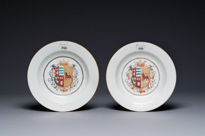 A pair of Chinese famille rose plates with the arms of Fazakerley Impaling Lutwyche for the English market, Qianlong