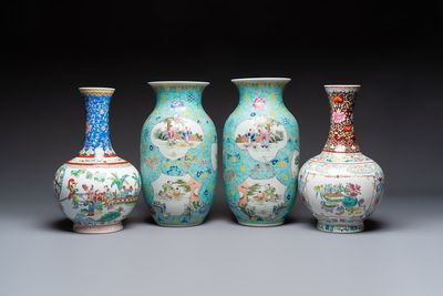 A pair of Chinese famille rose 'Playing Boys' vases, an 'Antiquities' vase and a vase with narrative design, Qianlong marks, 20th C.