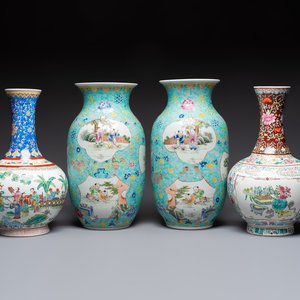 A pair of Chinese famille rose 'Playing Boys' vases, an 'Antiquities' vase and a vase with narrative design, Qianlong marks, 20th C. — photo 1