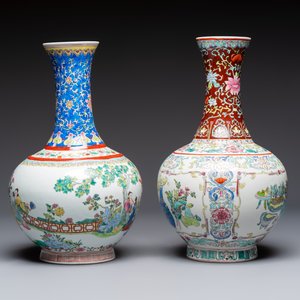 A pair of Chinese famille rose 'Playing Boys' vases, an 'Antiquities' vase and a vase with narrative design, Qianlong marks, 20th C. — photo 11