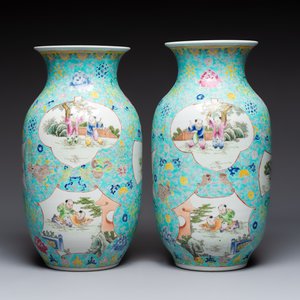 A pair of Chinese famille rose 'Playing Boys' vases, an 'Antiquities' vase and a vase with narrative design, Qianlong marks, 20th C. — photo 2