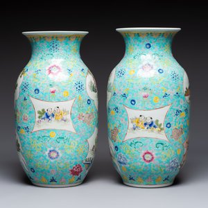 A pair of Chinese famille rose 'Playing Boys' vases, an 'Antiquities' vase and a vase with narrative design, Qianlong marks, 20th C. — photo 3