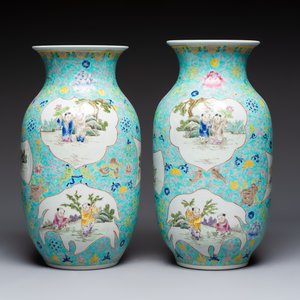 A pair of Chinese famille rose 'Playing Boys' vases, an 'Antiquities' vase and a vase with narrative design, Qianlong marks, 20th C. — photo 4